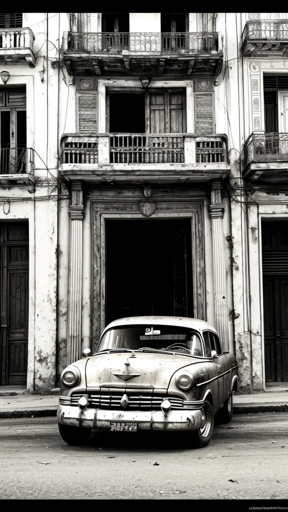 Pyrography of old car in Havana. urban landscape. monochrome. Cuban flag. Balconies 