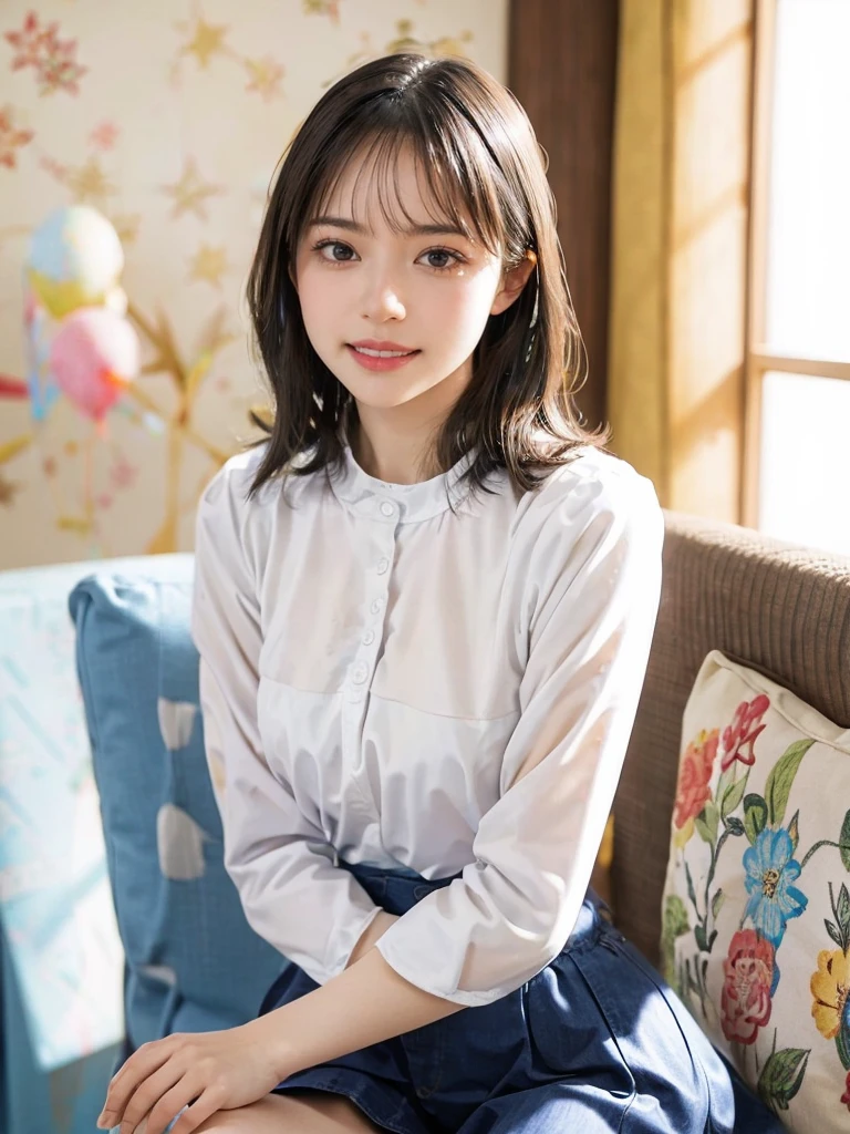 raw photo, 1girl, cute face, beautiful face, medium breast, collared blouse, White blouse, light smile, detailed skin, simple background, Above the knee, sit on a chair, photorealistic, masterpiece, best quality, anatomically correct