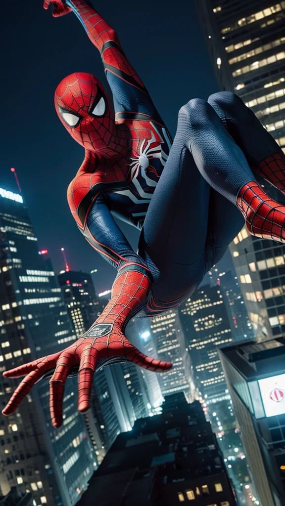 Create a high-resolution, dynamic scene featuring Spider-Man in his iconic costume, faithfully recreated with intricate details. The scene should capture Spider-Man swinging between skyscrapers, using his web to gracefully navigate through the urban landscape. The backdrop should include tall, modern buildings with realistic textures and lighting that reflects a bustling city environment. The focus should be on Spider-Man’s fluid motion and agility, highlighting the tension and elasticity of the web. Emphasize the vivid colors of his suit, especially the red and blue, ensuring they contrast sharply against the cityscape. The image should convey a sense of height and movement, with Spider-Man in a dynamic pose mid-swing, one hand outstretched shooting a web, and the other hand gripping a webline. The scene should evoke the thrilling essence of Spider-Man’s acrobatic prowess and the excitement of his web-slinging adventures through the city.