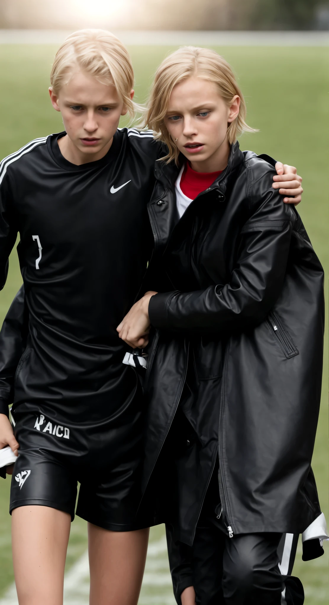 an injured soccer player needs support, a blond woman supports an injured soccer player in walking, he is really collapsing with pain, he is really fainting, she is holding him up, he is hanging on her shoulder, they are standing very close together, his hand is lying on her shoulder, arm-in-arm, she has her hand around his waist, she is wearing shiny leather pants, she is grabbing his waist, a man in a white tanktop, a shorthaired blond man, a girl in shiny leather pants, a shorthaired blond man in a white tanktop, a brownhaired woman with a very desperate facial expression, a brownhaired woman in a high shine blue and red nylon-coat, there is a young couple standing arm-in-arm, there is a brownhaired attractive woman wearing a high-shine nylon-coat, a wetlook nylon-coat, a brownhaired woman is crying with sorrow, a brownhaired woman is holding an injured shorthaired boy, there is a boy in jeans and tanktop hugging a brownhaired woman that is wearing a very shiny padded laquered coat, a shorthaired blond boy has a painful face and cannot walk, there is a brownhaired girl giving support to an injured shorthaired boy, a wounded blond and shorthaired boy cannot walk and has to be supported by a girl, he grabs her shoulder, he has his arm around her shoulder, his hand is on her shouder, a sad looking girl ia carrying a wounded boy, masterpiece, jeans, boy in a white cotton tanktop, super detailed background, detailed face, brown eyes, crying out, tears, desperation, pain, agony, accident pose, dramatic suffering pose, hands detailed hands