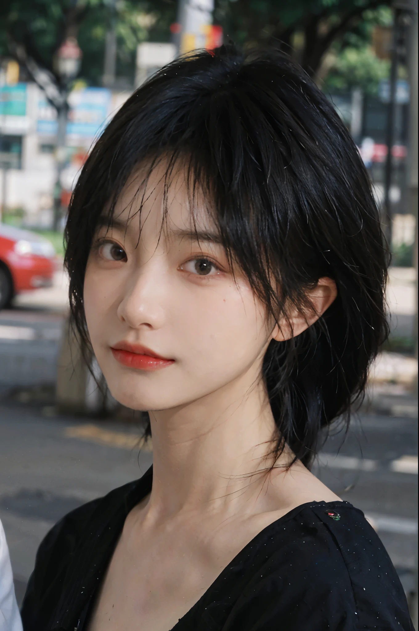 (Skin details:1.4), (smooth skin textures:1.3), Lipstick, background, earrings, serene, calm, Suspenders,(Realistic and detailed eyes:1.2), Natural skin texture, Realistic facial details, Soft dramatic lighting, Vivid details, 35 mm film, outdoor, (Photo Practical:1.4), (hyper Practical:1.4), (Practical:1.3), (Smoother lighting:1.05), (Improve lighting quality:0.9), (Highest quality real skin textures:1.4), Exquisite eyes, Delicate face, Close-up of face, (Enhance the beauty of skin texture:1.1), Hair details,(Large Breasts:1.3)normal body ratio, short hair, Moles under the eyes, A faint smile,Portrait Photography, Depth of Field, Bokeh, Surrealism, Ray Tracing, (Portrait Photography:1.1), Surrealism, High Detail, Chiaroscuro, Ray Tracing, reflected light, Ultra HD, Ultra HD, masterpiece, Textured Skin, Super Detail, High Detail, high quality, best quality