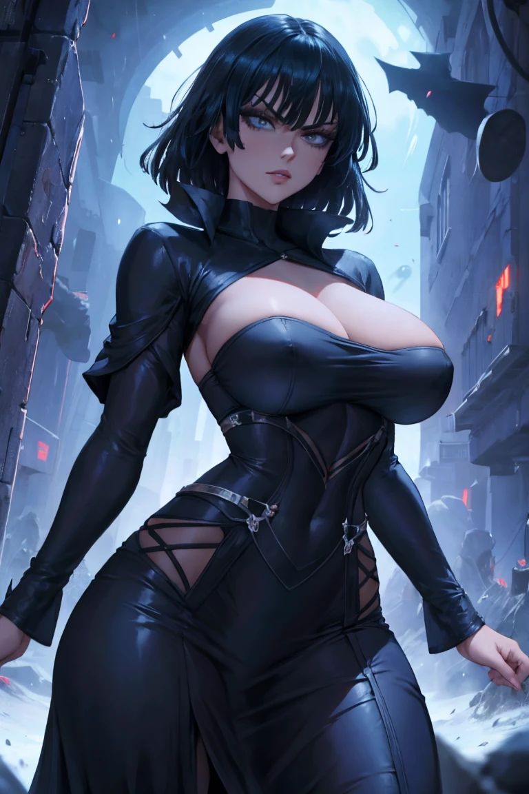 a beautiful woman in a tight black cloth outfit, accentuating her breasts and waist, matte clothing coloration, dark blue luminous hair, soaring, covered breasts, serious and evil look.