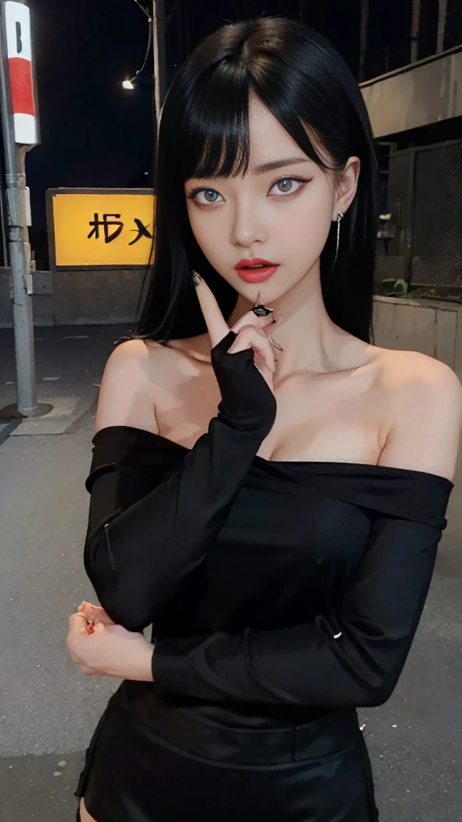 4k-ultra clear、highest quality, Artwork, Ultra high resolution, (Reality: 1.4), hot girl, sexy eyes, Off-shoulder sweater dresses, cinematic lighting、purple and black hair、(My girl、makeup goth、My makeup)、(Pierced ears、Big breasts、Oversized black open-shoulder t-shirt dark mini-skirt)、((dark makeup、Oily skin, glossy skin、Realistic skin texture、detailed beautiful skin、glossy skin)), big hips, thick thighs, thick legs, area dark city center at night、Kabukicho、Dark Cyberpunk、(Sharp shot:1.8)、Slim legs、Thin arms、Thin shoulders、Slim waist、Slender body、Large breasts、Full body 