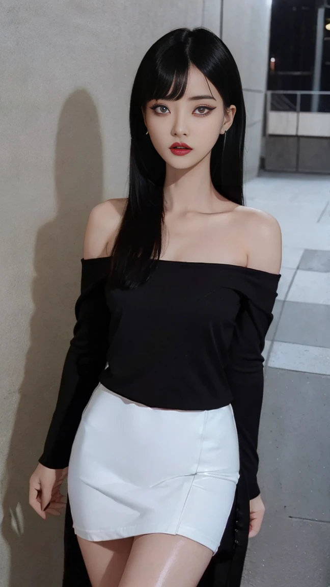 4k-ultra clear、highest quality, Artwork, Ultra high resolution, (Reality: 1.4), hot girl, sexy eyes, Off-shoulder sweater dresses, cinematic lighting、purple and black hair、(My girl、makeup goth、My makeup)、(Pierced ears、Big breasts、Oversized black open-shoulder t-shirt dark mini-skirt)、((dark makeup、Oily skin, glossy skin、Realistic skin texture、detailed beautiful skin、glossy skin)), big hips, thick thighs, thick legs, area dark city center at night、Kabukicho、Dark Cyberpunk、(Sharp shot:1.8)、Slim legs、Thin arms、Thin shoulders、Slim waist、Slender body、Large breasts、Full body 