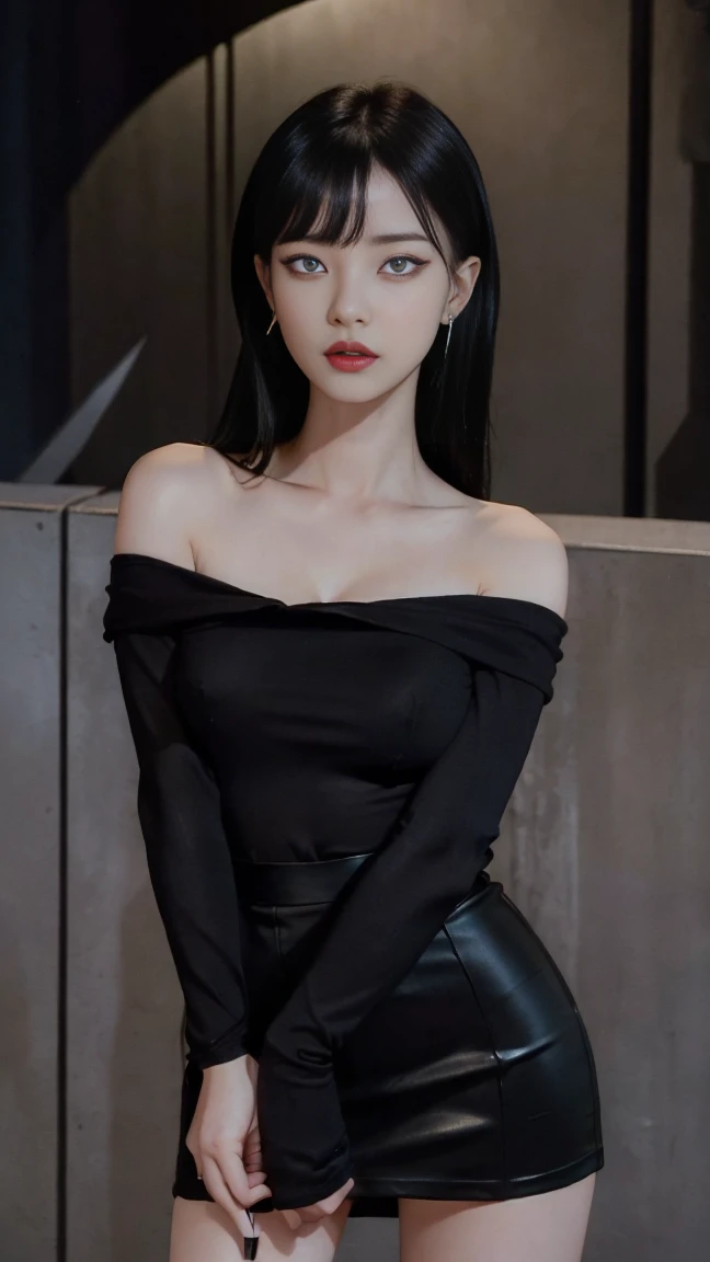 4k-ultra clear、highest quality, Artwork, Ultra high resolution, (Reality: 1.4), hot girl, sexy eyes, Off-shoulder sweater dresses, cinematic lighting、purple and black hair、(My girl、makeup goth、My makeup)、(Pierced ears、Big breasts、Oversized black open-shoulder t-shirt dark mini-skirt)、((dark makeup、Oily skin, glossy skin、Realistic skin texture、detailed beautiful skin、glossy skin)), big hips, thick thighs, thick legs, area dark city center at night、Kabukicho、Dark Cyberpunk、(Sharp shot:1.8)、Slim legs、Thin arms、Thin shoulders、Slim waist、Slender body、Large breasts、Full body 