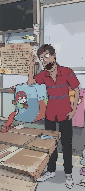 , ung boy,standing alone, points for eyes, dark hair, red shirt, black pants, work of art, best qualityer, flat colour, trunk, evil expression