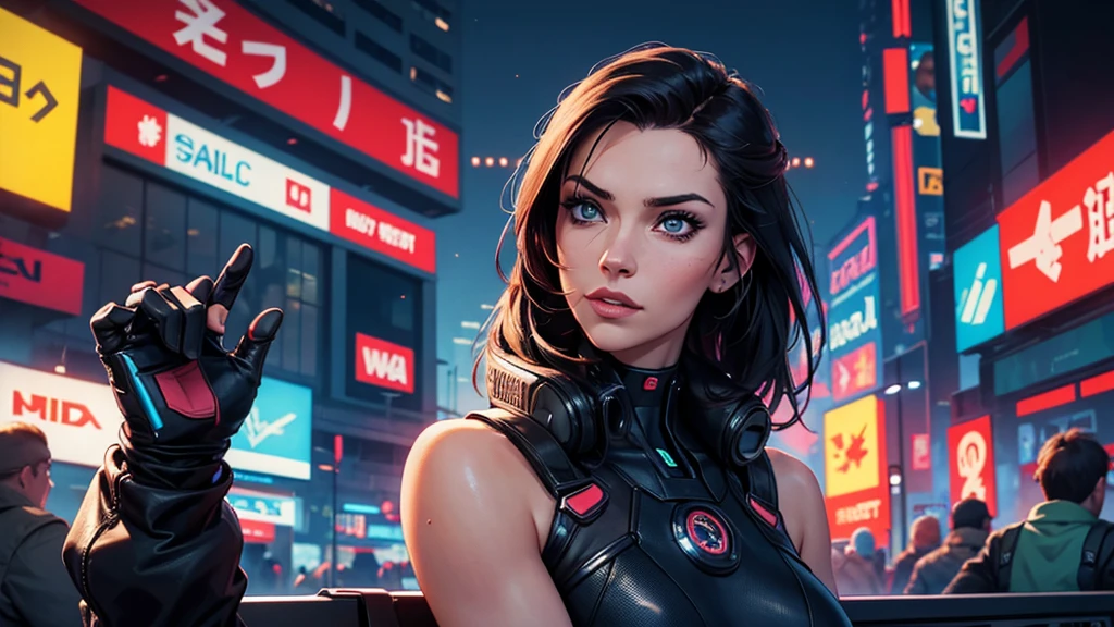(masterpiece), (best quality), (very detailed), ((1 woman)), (cyberpunk), future city background, cyborg female assassin, detailed eyes, Detailed nose, Detailed lips, perfect face, perfect body, revealing combat suit, Place a small person on the left side of the picture, movie poster, landscape