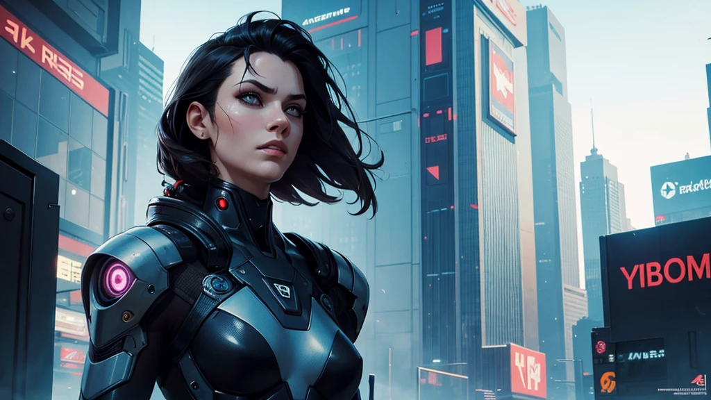 (masterpiece), (best quality), (very detailed), ((1 woman)), (cyberpunk), future city background, cyborg female assassin, detailed eyes, Detailed nose, Detailed lips, perfect face, perfect body, revealing combat suit, Place a small person on the left side of the picture, movie poster, landscape