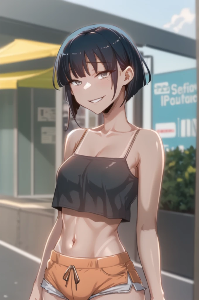 seondef, black hair, short hair, grey eyes
standing, upper body, looking at viewer, tanlines, dolphin shorts, orange shorts, short shorts, tank top, white camisole, midriff, arms at sides, half-closed eyes, smile,
masterpiece, best quality,