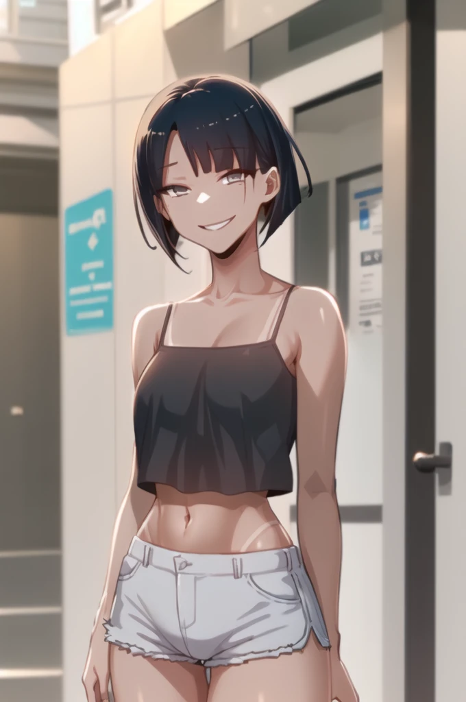 seondef, black hair, short hair, grey eyes
standing, upper body, looking at viewer, tanlines, dolphin shorts, orange shorts, short shorts, tank top, white camisole, midriff, arms at sides, half-closed eyes, smile,
masterpiece, best quality,