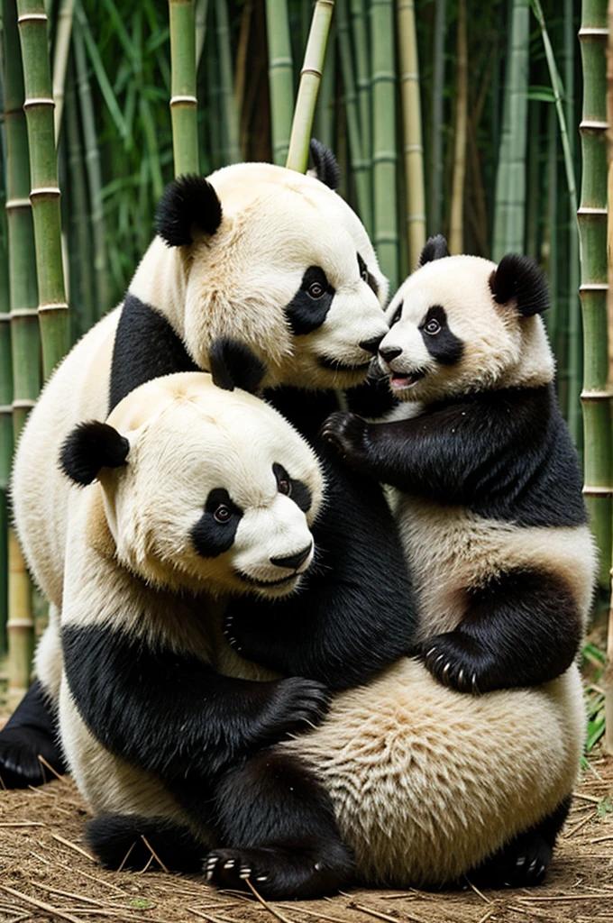 Panda plays with a baby among the bamboo