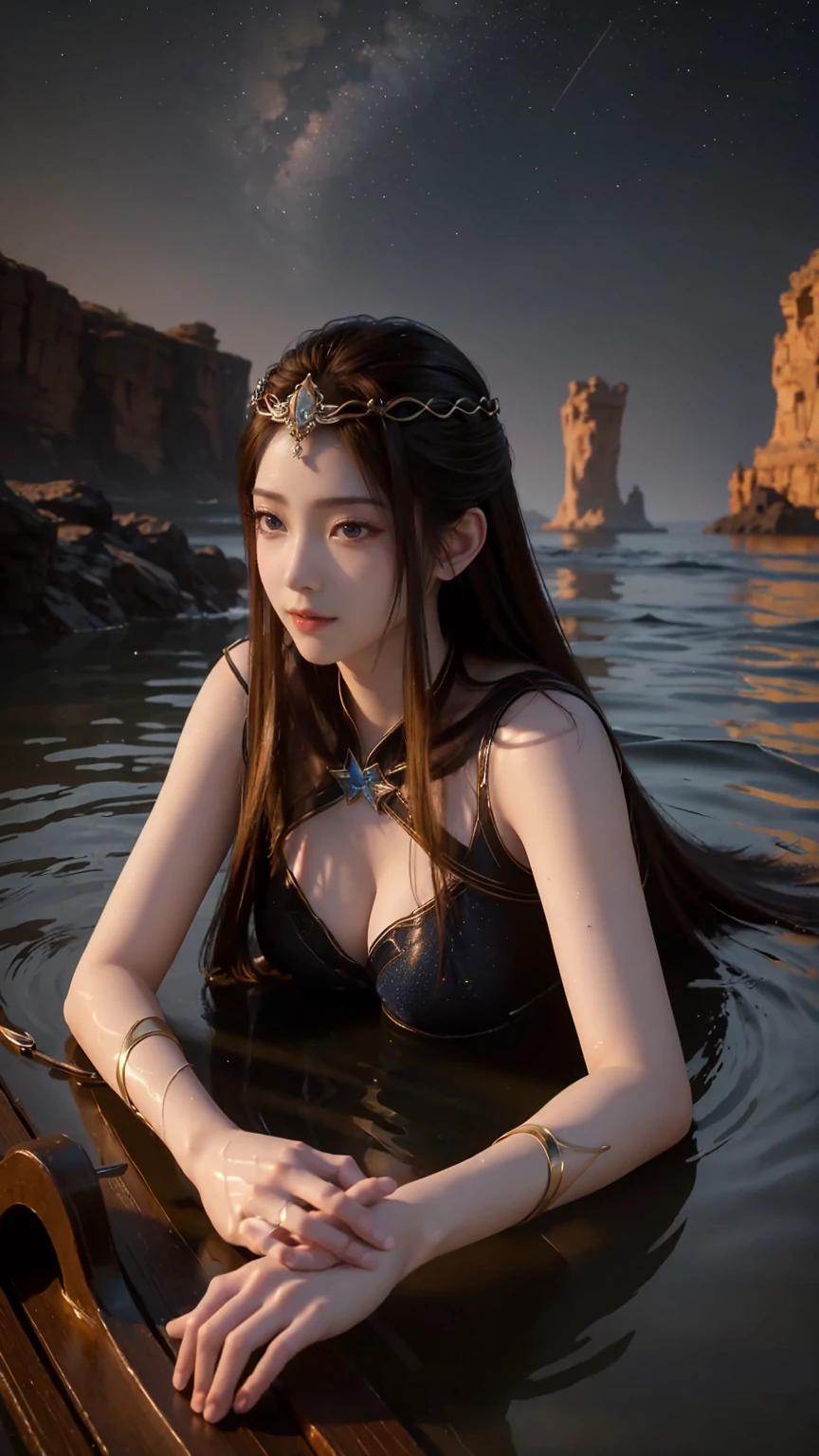 a girl sitting on an iceberg hot spring at night, stars, snow, hot spring water, bathing in the hot spring