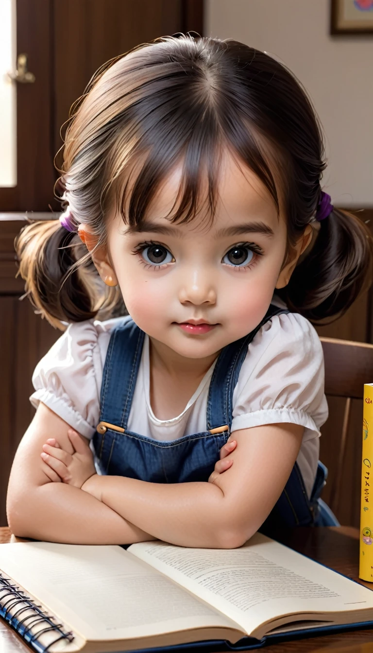 Make a baby girl, 4 years old, face is looking camera, she is leaning, table, book, pen, notebook, Supper Detail, 32K, ultra, high quality, masterpiece
