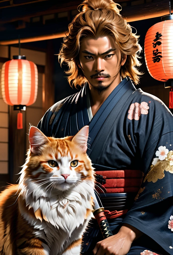 A Rogue samurai [Himura Kenshin:Takeru Satoh:0.1], detailed face, detailed hair, with a content face, sharpens his katana sword, beside him is big ginger mainecoon cat with beautiful fur, watch him with full caution, they both in a traditional Edo Era peasant house, insanely intricate detailed scene background, night lighting with lampions and torch, realistic style, best quality, masterpiece, ultrasharp focus, ultrahigh resolution, 8k, Midjourney 6 Aesthetic