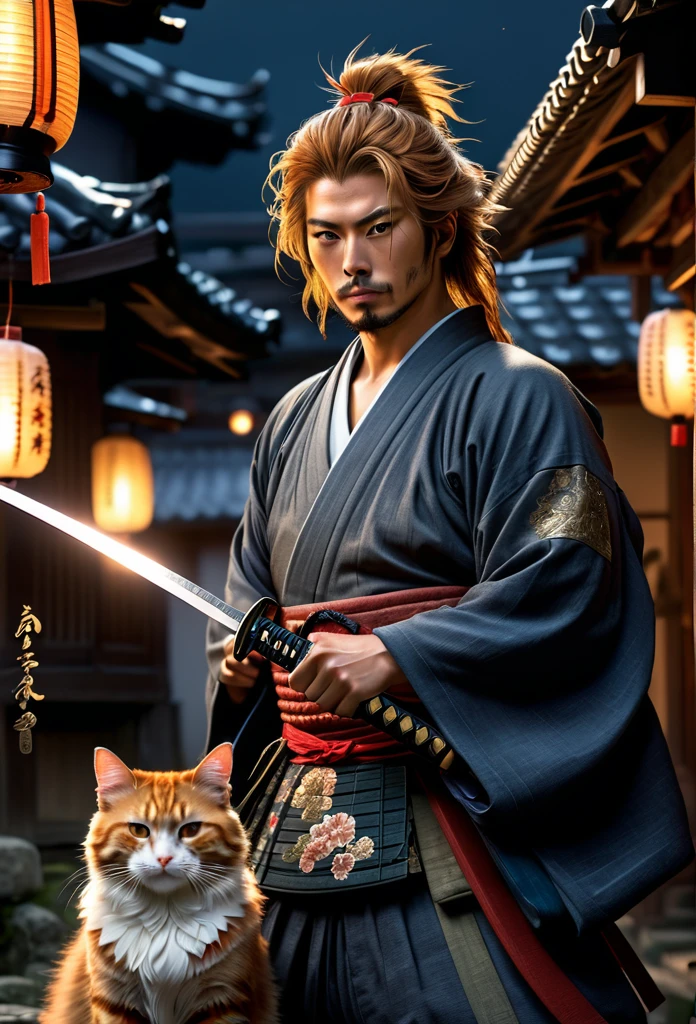 A Rogue samurai [Himura Kenshin:Takeru Satoh:0.1], detailed face, detailed hair, with a content face, sharpens his katana sword, beside him is big ginger mainecoon cat with beautiful fur, watch him with full caution, they both in a traditional Edo Era peasant house, insanely intricate detailed scene background, night lighting with lampions and torch, realistic style, best quality, masterpiece, ultrasharp focus, ultrahigh resolution, 8k, Midjourney 6 Aesthetic