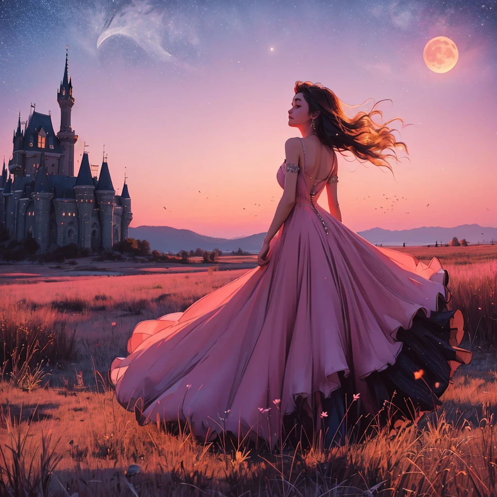 girl stands with her back in a beautiful dress, dress is long, dress floats in the wind,  big moon with eyes, beautiful moonlight, warm colors, Pink sunset, starry sky, castle in the distance 
