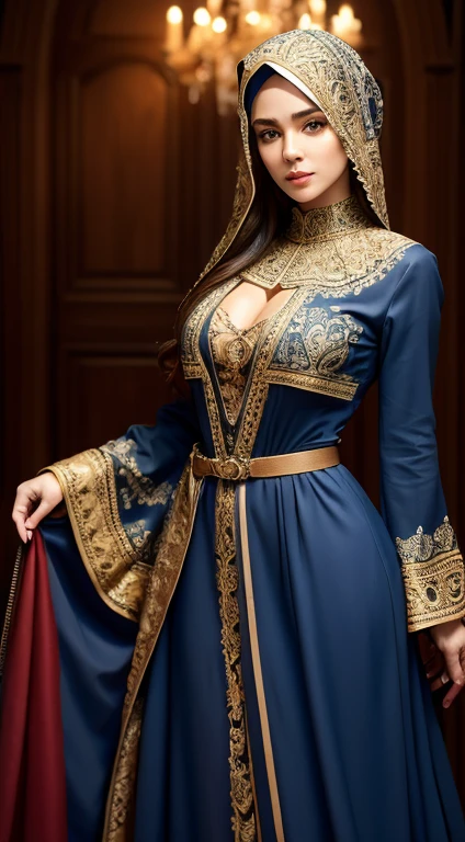 Best quality, Realistic, Photorealistic, extremely detailed, An extremely delicate and beautiful, RAW photo, 4K, 8K, Professional lighting, Dynamic lighting, light in face, Depth of field, solo focus, full body, flawless beauties,A 28-year-old female, Brown eyes, Smaller head, Fashion girl, Beautiful eyes, Large breasts, Real face, Real skin, Realistic face, Realistic skin, Detailed eyes, Detailed facial features, detailed hijab, detailed clothes feature, (fashionable attire:1.3), (intricate fashion hijab: 1.3) dynamic poses,Detailed face, pretty smile, cowboy shot