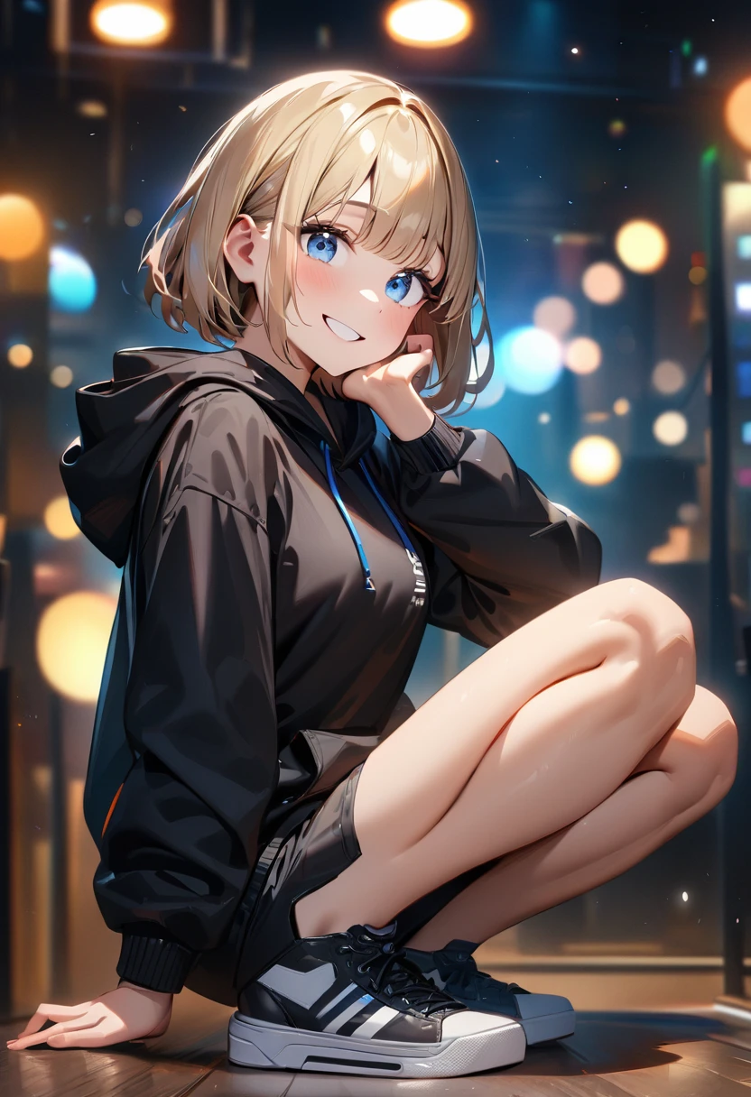 (((One girl))), Shibuya, street, blond hair, bob cut, (looking at viewer), (((full body))), squatting, spread legs, head rest, breasts, ager, head tilt:1.3, (((blue eye))), constricted pupils, (from side:1.3), ((happy smile)), (((black hoodie:1.3, black shorts:1.3))), bare legs, ((black platform high cut sneakers)), anime style, (best quality, 4k, 8k, highres, masterpiece:1.2, ultra-detailed, ultra-detailed eyes, HDR, UHD, studio lighting, ultra-fine painting, sharp focus, physically-based rendering, extreme detail description, professional, vivid colors, bokeh)