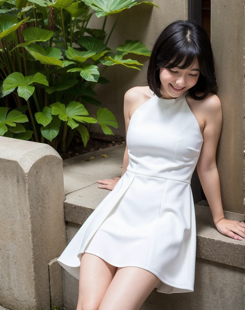 Black hair, neat, white dress, whole body, embarrassed smile, shyness, refreshing 