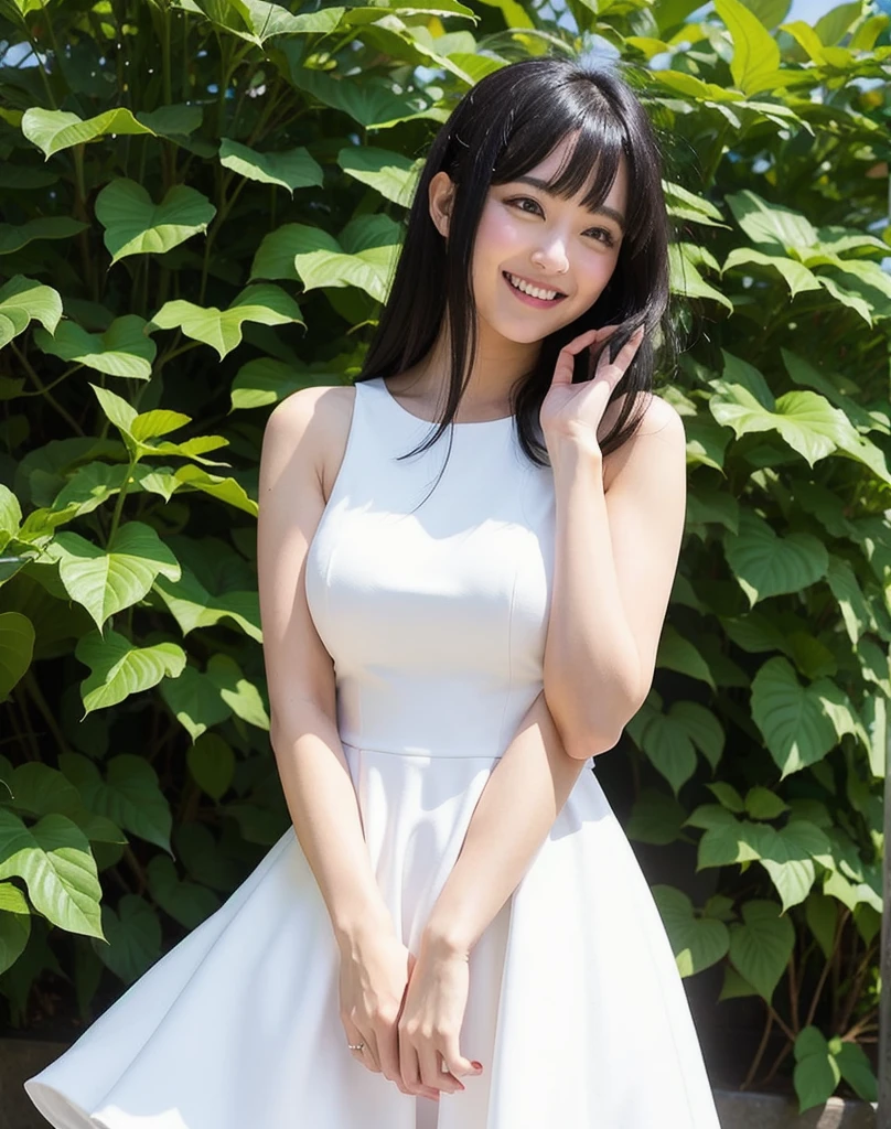 Black hair, neat, white dress, whole body, embarrassed smile, shyness, refreshing 