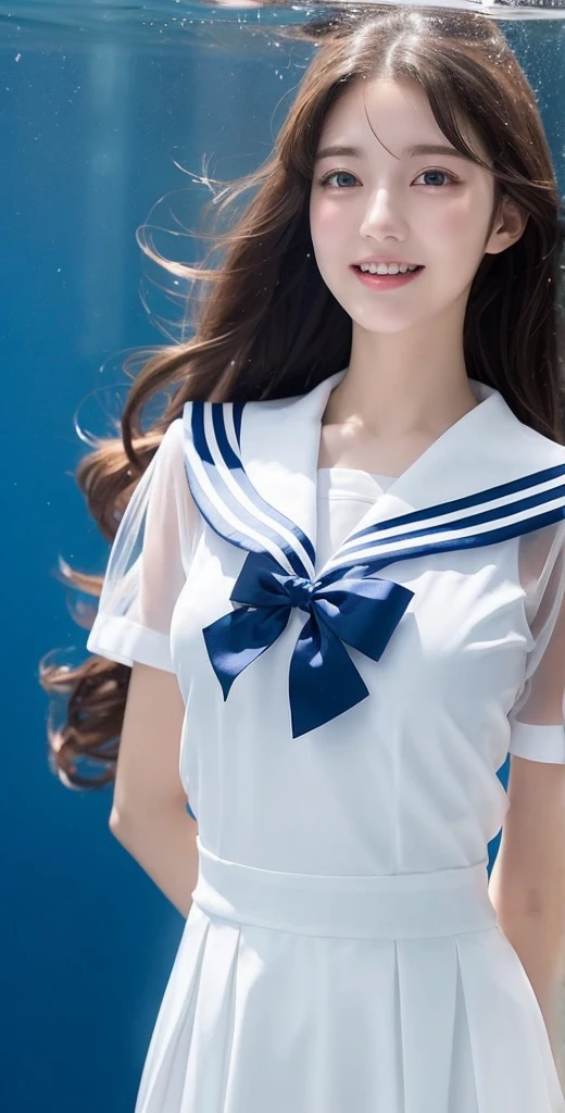 (see-through:1.3),white serafuku,sailor dress, white theme,, sailor suit, looking at viewer, insanity, messy long hair, beautiful detailed eyes,Hair glows,dramatic angle,blue sailor collar, perky breasts,light smile,partially underwater shot...