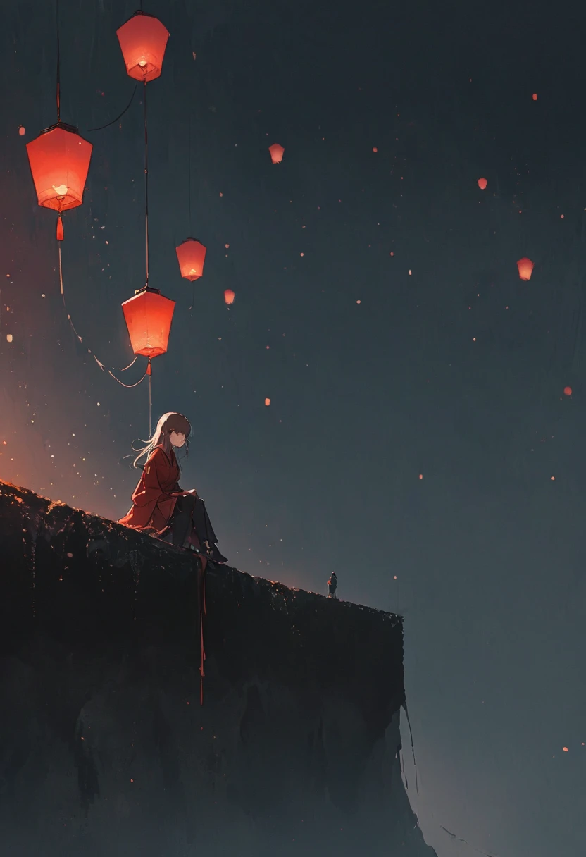 A simple one,Minimalist illustration, girl sitting on the edge of the cliff,Red Kongming lantern floating in the sky,Paper lights,Wishing light,loneliness,On the edge of a cliff,Suspension,bridge,