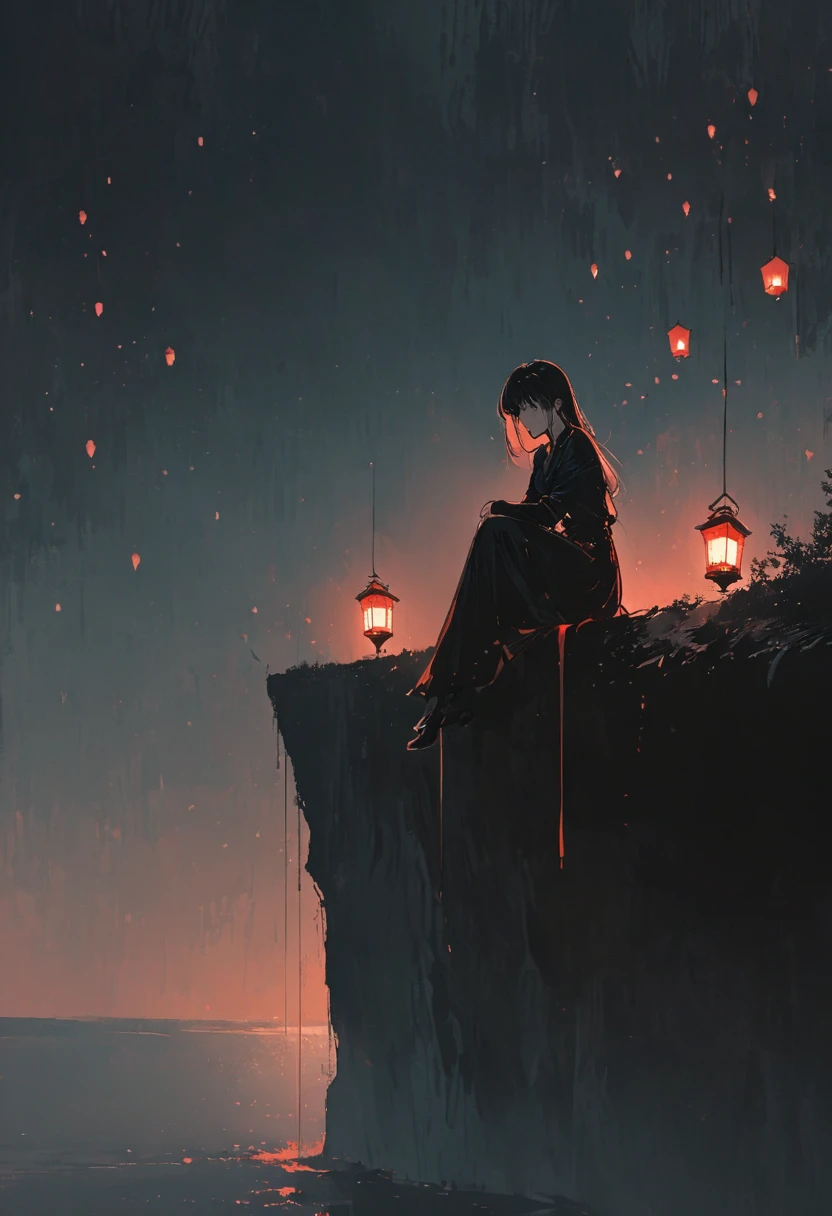 A simple one,Minimalist illustration, girl sitting on the edge of the cliff,Red Kongming lantern floating in the sky,Paper lights,Wishing light,loneliness,On the edge of a cliff,Suspension,bridge,