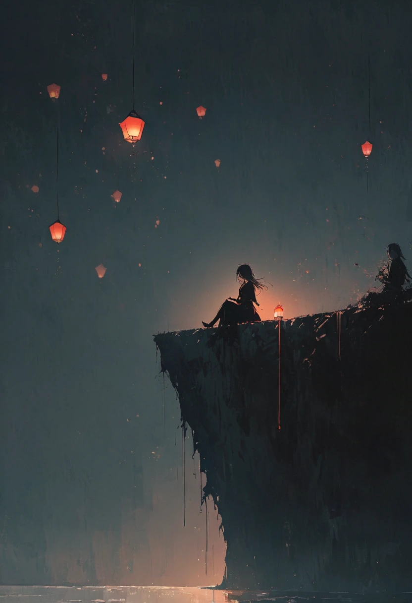 A simple one,Minimalist illustration, girl sitting on the edge of the cliff，Red Kongming lantern floating in the sky，Paper lights，Wishing light，loneliness，On the edge of a cliff,Suspension，bridge，