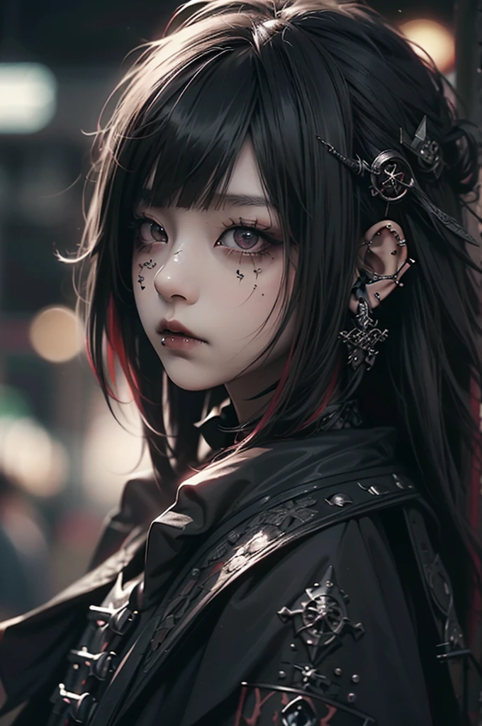 maximum quality、8K、Masterpiece artwork:1.3、gothic punk、red internal color、A brunette、hair ornaments、a beautiful girl、creative、dark fantasy style、Neogos、gothic fashion:1.2, a sexy girl made up sexual showing all her sexuality