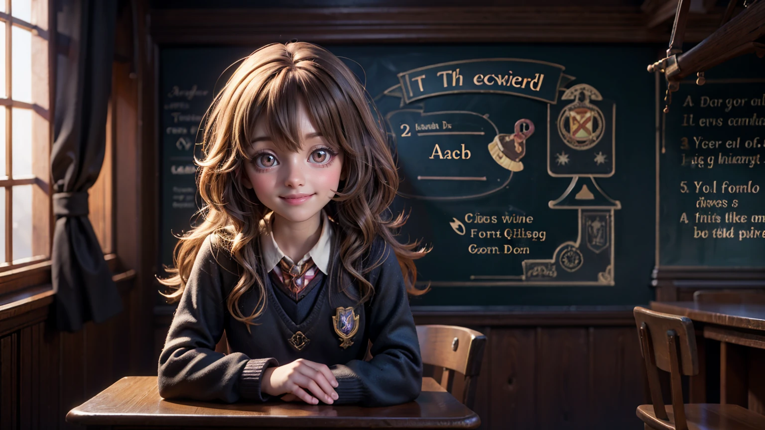  cute smiley bright  face girl in harry potter classroom,  harry potter classroom view 
