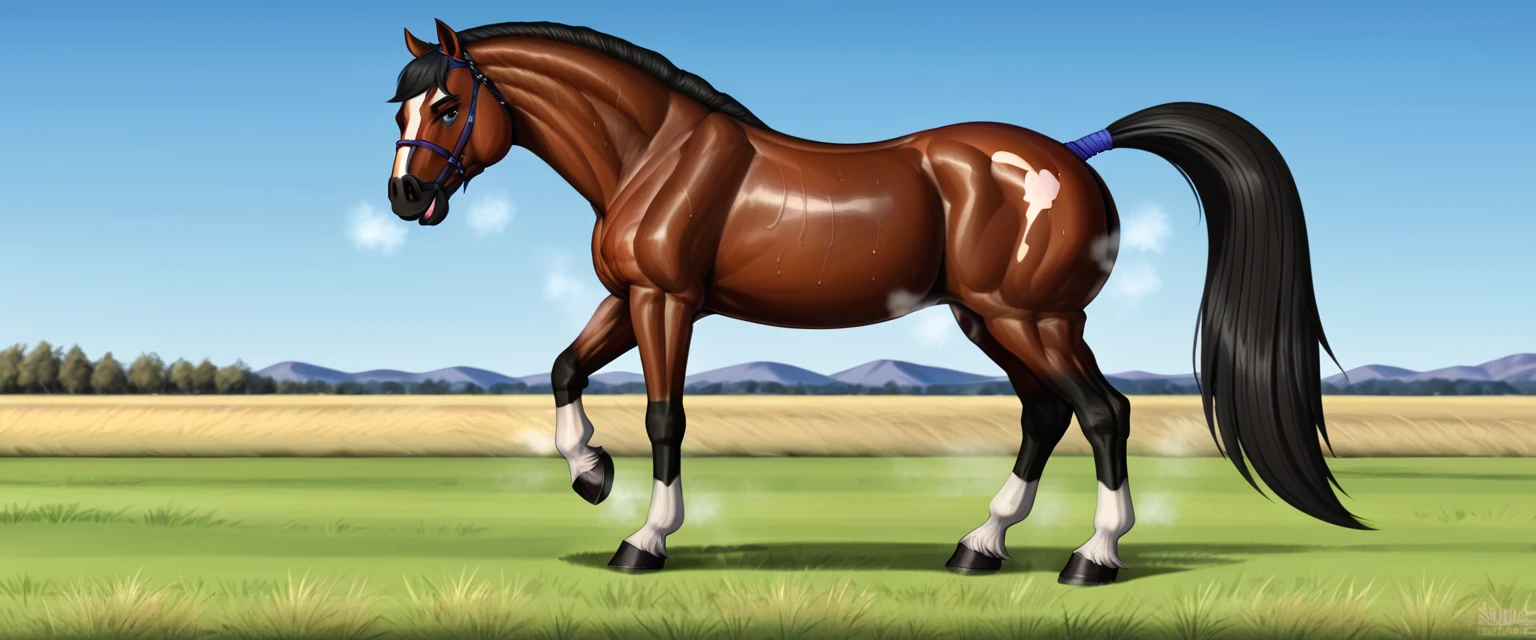 a very full figured very black skinned nude African woman riding a big Belgian draft horse mare (side view). big bum. very short tail. horse facing horizon . flat grass meadow. steaming horse dung behind horse. cloudless blue sky.