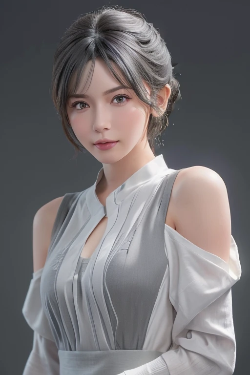 (Masseter muscle area:1.3)、(8K、Photorealistic、Raw photo、Highest quality: 1.4)、(One slender girl)、Beautiful Face、(A vivid face)、(Gray Hair、Medium Hair:1.3)、Beautiful hairstyle、Realistic eyes、Beautiful details、(Realistic Skin)、Beautiful skins、(blouse)、Absurd、attractive、Ultra-high resolution、Surreal、High definition、Golden Ratio、Bright sunlight、Short Ponytail,(Full Body Shot)