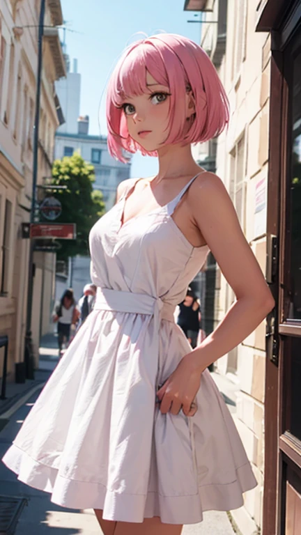 Alcanevi, A woman with medium-short pink hair wearing a white dress, Woman's face, Unreal Engine Character Art, Portraiture、posing