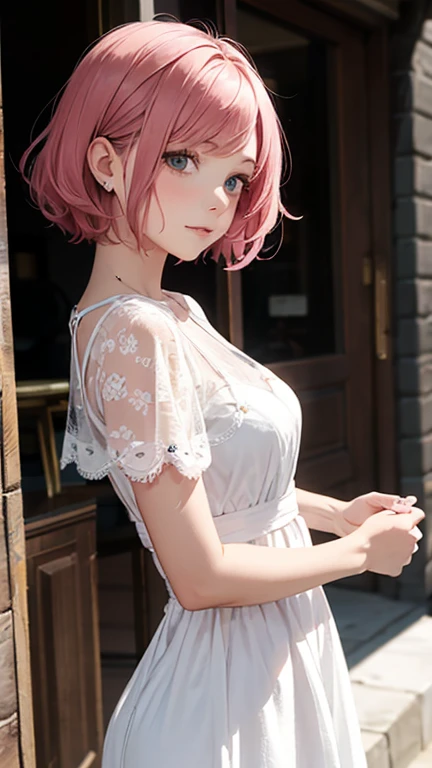 Alcanevi, A woman with medium-short pink hair wearing a white dress, Woman&#39;s face, Unreal Engine Character Art, Portraiture、posing