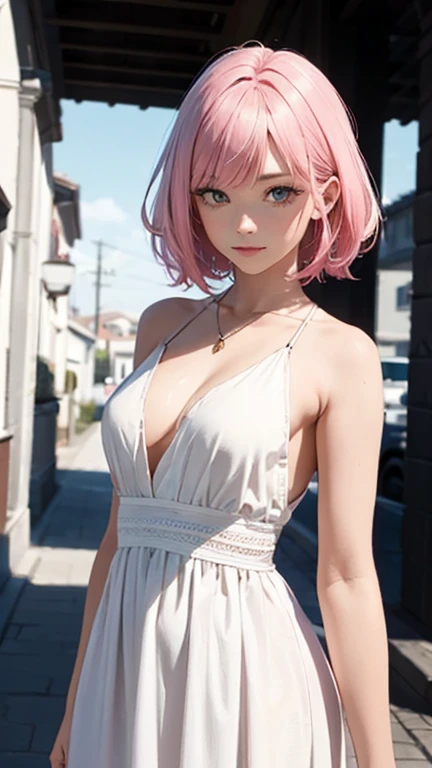 Alcanevi, A woman with medium-short pink hair wearing a white dress, Woman&#39;s face, Unreal Engine Character Art, Portraiture、posing