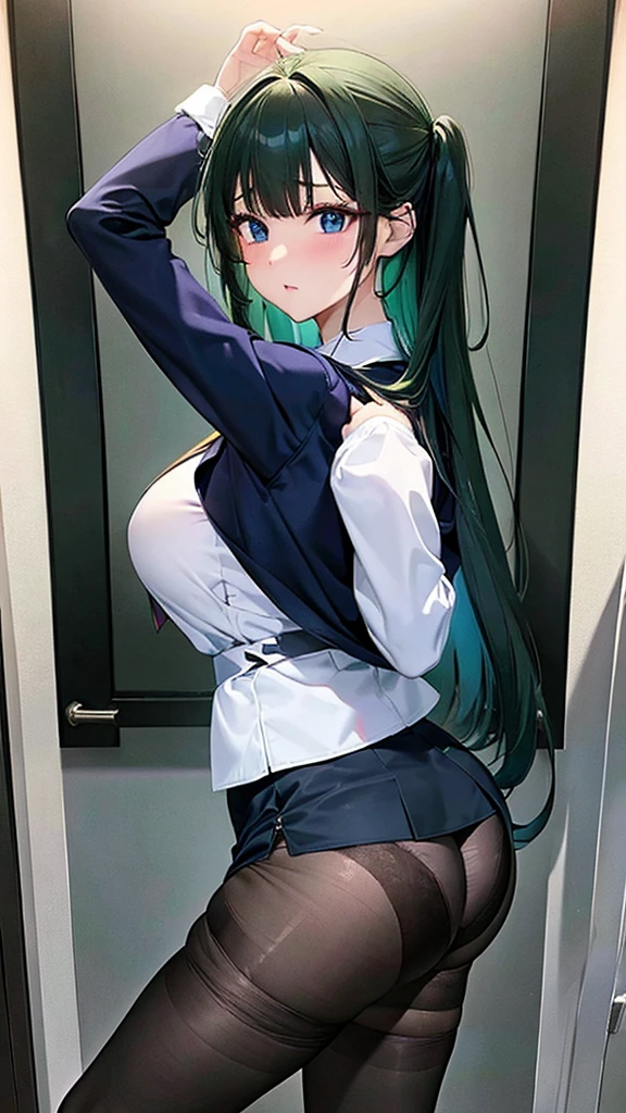 masterpiece、Highest quality、1 girl、solo、Big Breasts、Long Hair、Dark green hair、Light blue eyes、Office uniform、Jacket、Pencil Skirt、Panties under black pantyhose、(Put your hands on your own buttocks)、(Grab your own ass)、Turn your butt、Flip up the skirt、office