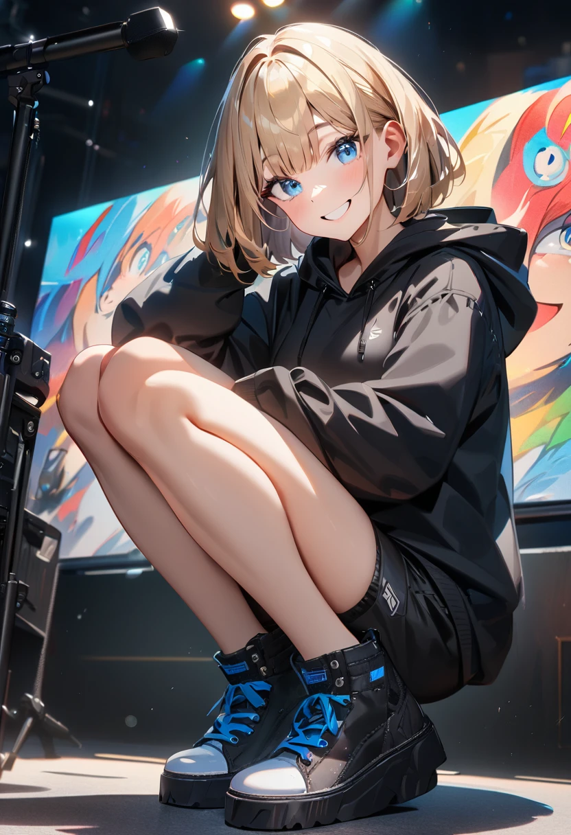 (((One girl))), Shibuya, street, blond hair, bob cut, (looking at viewer), (((full body))), squatting, spread legs, breasts, teenager, head tilt:1.3, (((blue eye))), constricted pupils, (from side:1.3), ((happy smile)), (((black hoodie:1.3, black shorts:1.3))), bare legs, ((black platform high cut sneakers)), anime style, (best quality, 4k, 8k, highres, masterpiece:1.2, ultra-detailed, ultra-detailed eyes, HDR, UHD, studio lighting, ultra-fine painting, sharp focus, physically-based rendering, extreme detail description, professional, vivid colors, bokeh)