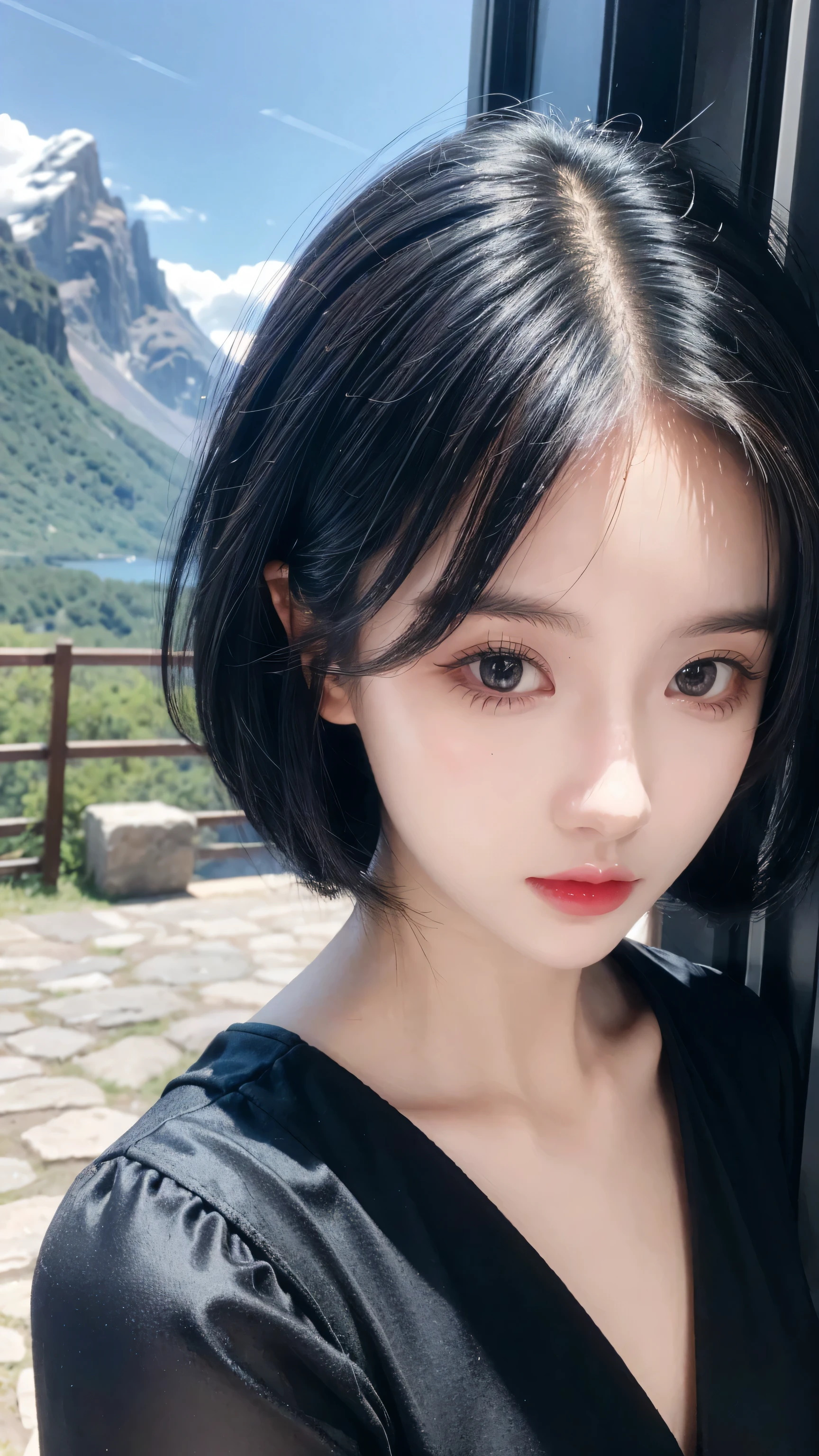 best quality, 1 Girl, dark blue hair, black eyes, Very short hair, Spiky hair, wears sweet red red dress luxury，A cropped dress, 171 cm, Messy hair, Hair between the eyes, Tomboy, aldult, 20 years old, A sweet girl by the mountain