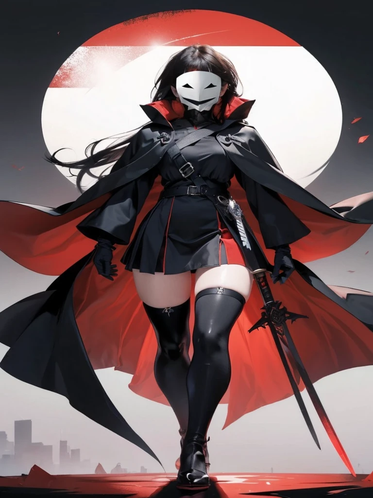 A black-haired girl wearing a white mask，holding dagger in hand