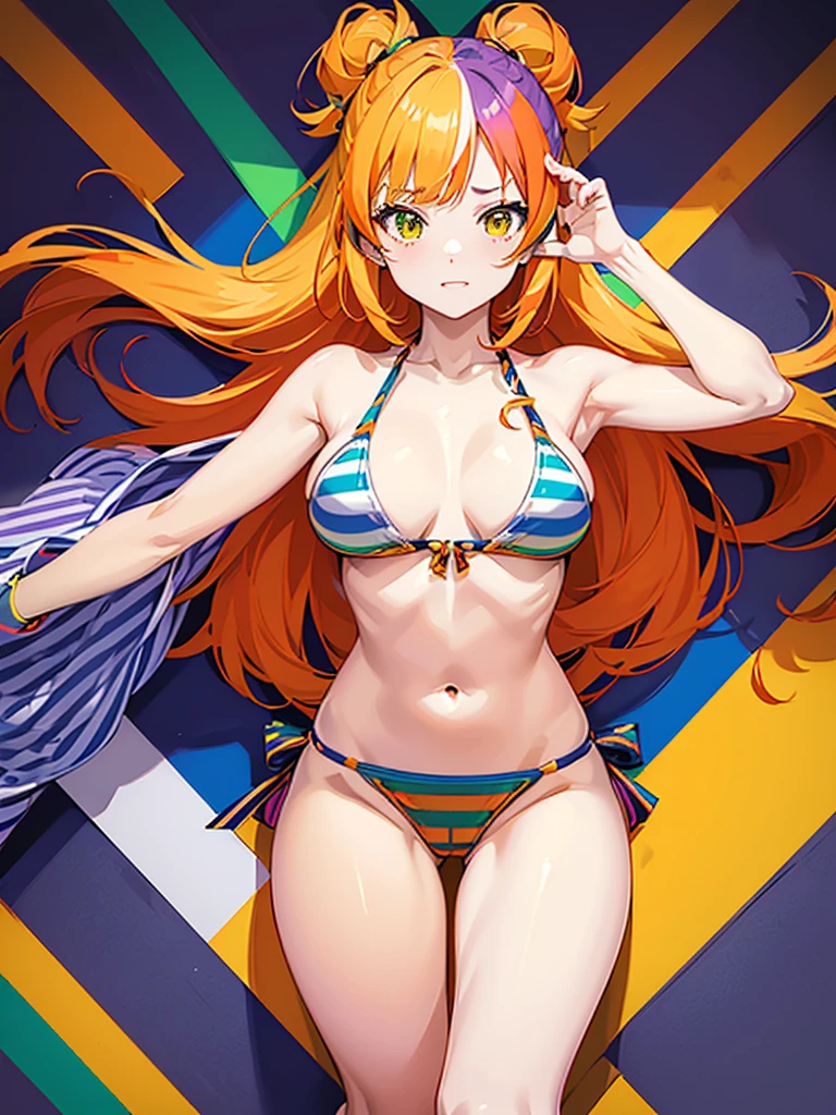 anime style,hyper cute girl wearing bikini,(((((Seven stripes, seven colors of stripes))))), (((red, orange, yellow, green, blue, indigo and purple)))