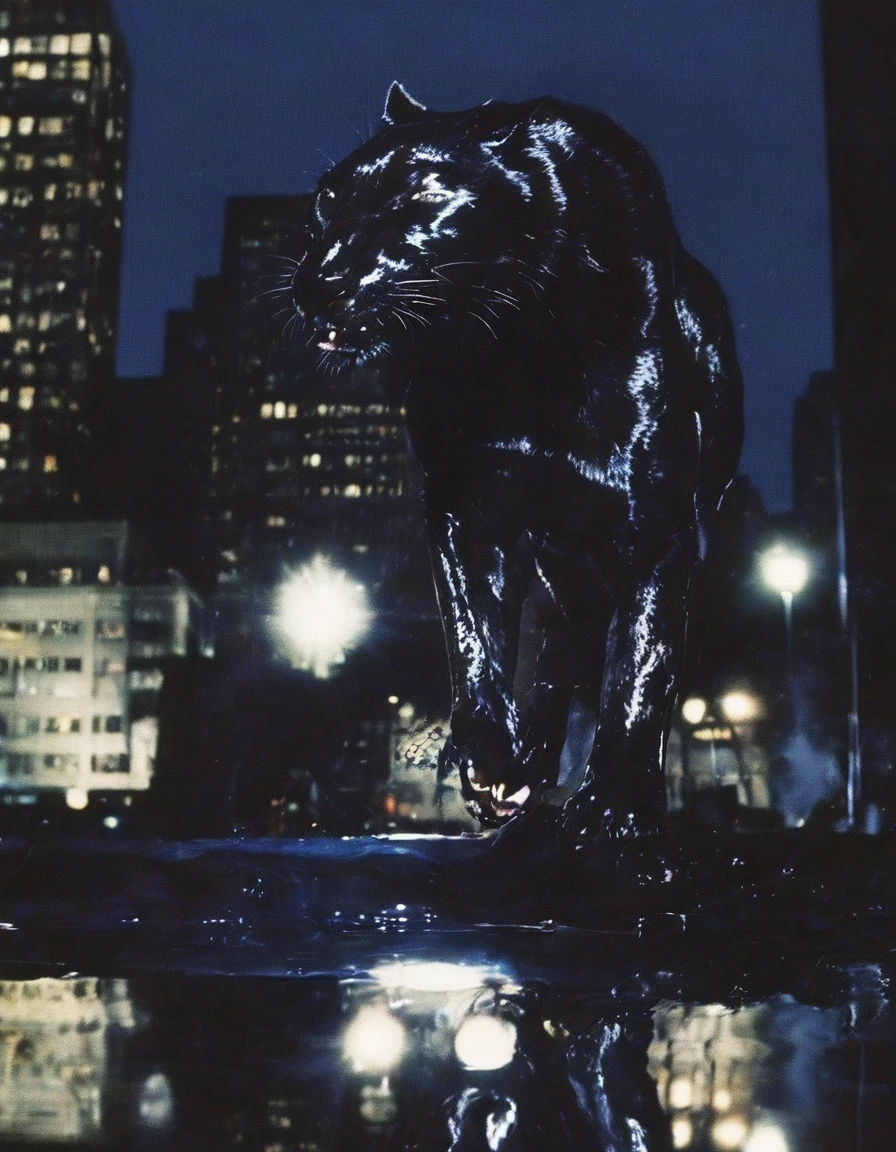 film photography, giant black panther jumping on new york street at night, night city background
