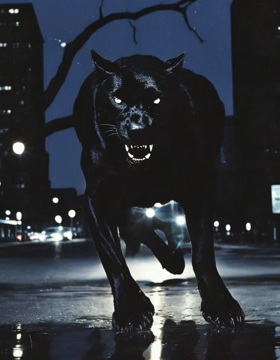 film photography, giant black panther jumping on new york street at night, night city background