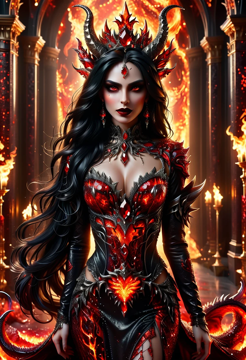 Arafed a dark glamour picture of the queen of demons in the halls of hell, full body shot, a demons queen magnificent and full of awe, black hair, long hair, flowing hair, bold intense eyes, extremely exquisite beautiful queen, perfect body, (anatomically correct: 1.3), ultra feminine, ultra detailed face, black lips, fiery glowing eyes, (demonic horns from head: 1.1) , (red skin: 1.3), dynamic angle, there is (golden crown on her head: 1.1), studded with diamonds and rubies, the hall of the queen of hell background, (masterpiece: 1.4) intense details, highly detailed, photorealistic, best quality, highres,16k, [ultra detailed], masterpiece, best quality, (extremely detailed), close up, ultra wide shot, photorealistic, RAW, fantasy art, dnd art, fantasy art, realistic art,((best quality)), ((masterpiece)), (detailed: 1.5) faize, intense gaze, ral-ntrgmstn, RedGlitter