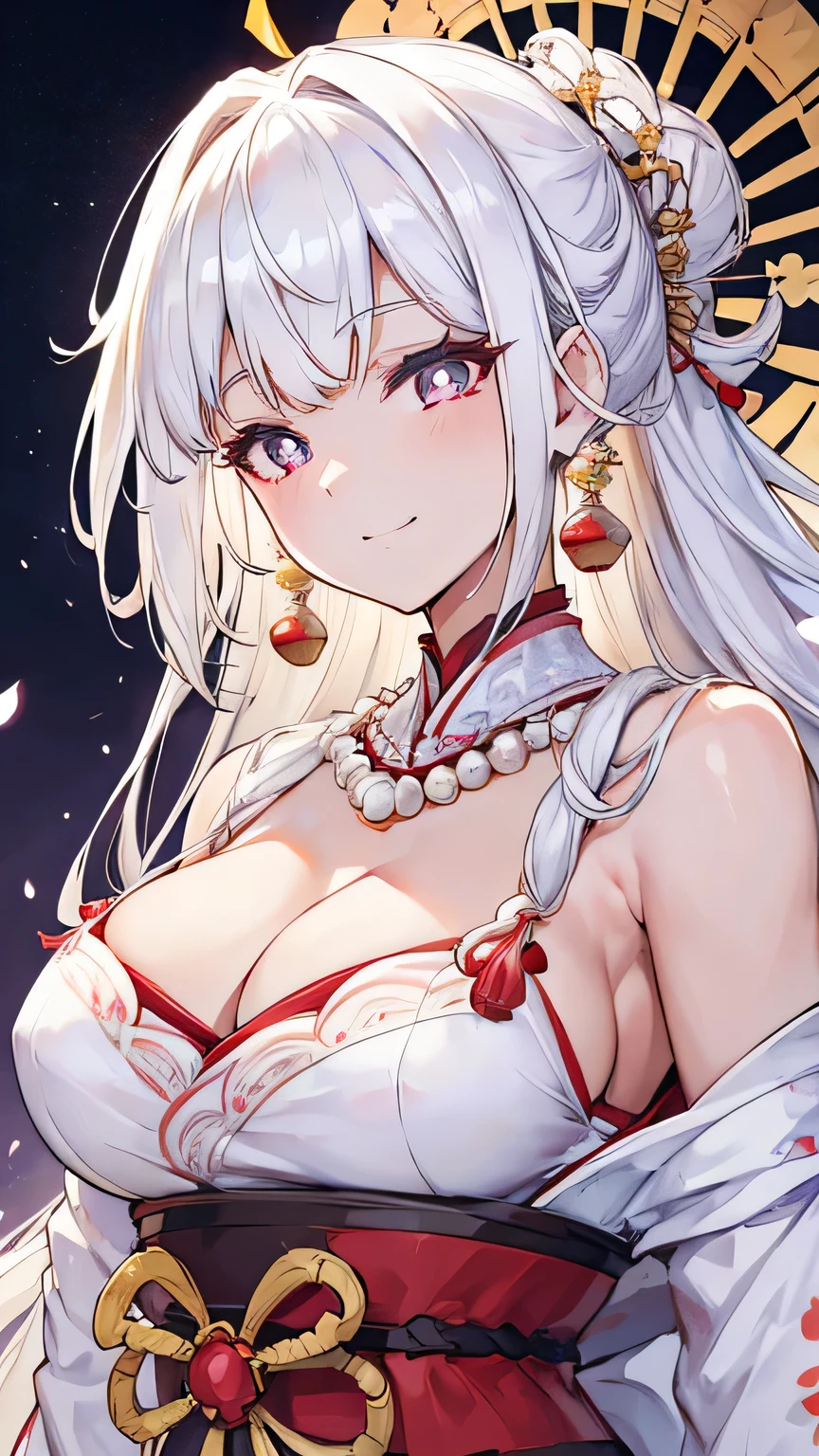 white hair, bangs, hair behind ear, long hair, kanzashi, eye reflection, earrings, light smile, bright pupils, anime style, first-person view, textured skin, masterpiece, high details, best quality, wearing traditional Japanese costume, large breasts, floral embroidery, Japanese style, white shoulders, Pearl Necklace