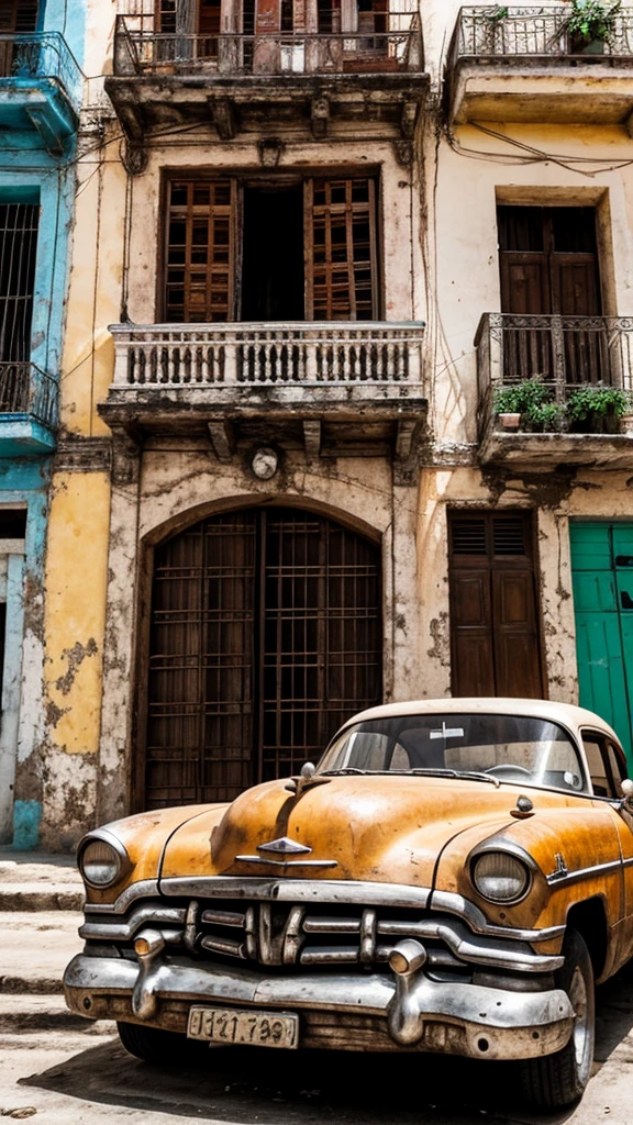 Pyrography of old car in Havana. urban landscape. monochrome. Cuban flag and white sheets hanging on the balconies 
