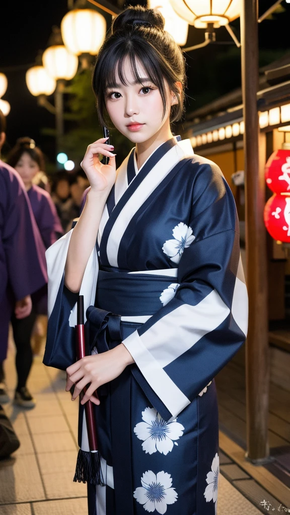 (8K, Realistic, RAW Photos, Highest quality: 1.4, detailed),Japanese idol-style beautiful girl,1 person,18-year-old,(Black Hair),Hair is in a bun,Large, clear grey eyes,Long eyelashes,(piercings(small)),(Lip gloss),lips(Plump,glossy),Fan on the right,yukata(Japan Traditional Dresses,Long length),Thick obi,Night Festival,Knee Top Portrait