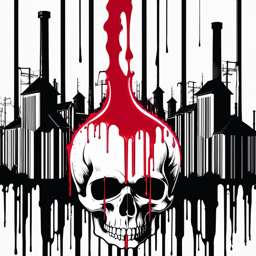 skull formed by a bleeding barcode, background factory chimneys.