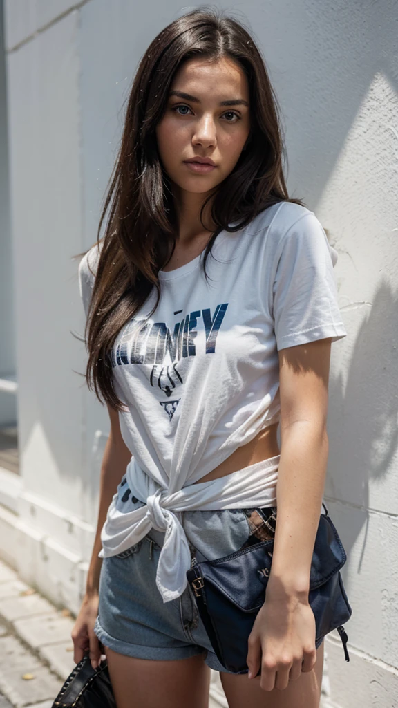A young woman with long, dark hair stands against a white wall with a blue trim. Her grey t-shirt is knotted at the waist, revealing a hint of her floral printed shorts. She holds a black studded bag in her left hand and stares directly at the camera, her expression serious. The sunlight casts shadows on her face, highlighting her features.

[Photography, street style, fashion, portrait, natural light, sharp focus, vibrant colors, high contrast, textured background], [Inspired by the work of Terry Richardson and David LaChapelle], [Lens: 35mm, f/2.0, ISO 100, shutter speed 1/125 sec, natural light, sharp focus, vibrant colors, high contrast, textured background]