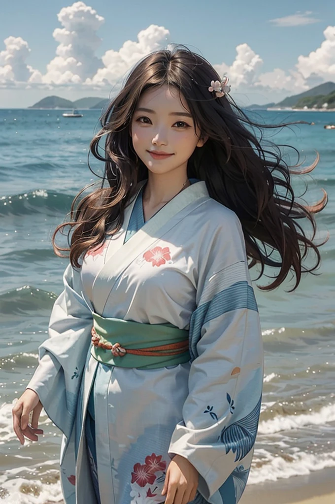 A beautiful woman wearing a wavy kimono is smiling on the beach under the summer sky, her hair blown by the wind