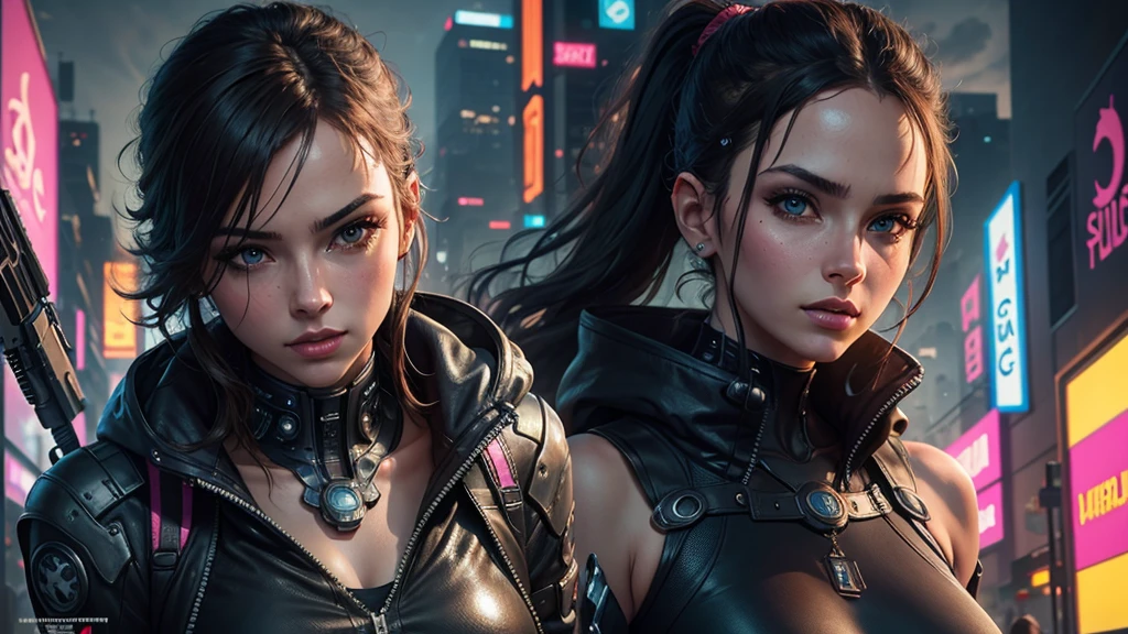 (masterpiece), (best quality), (very detailed), ((1 woman)), (cyberpunk), future city background, Female assassin wearing a revealing suit, detailed eyes, Detailed nose, Detailed lips, perfect face, perfect body, Place a small person on the left side of the picture, movie poster, landscape